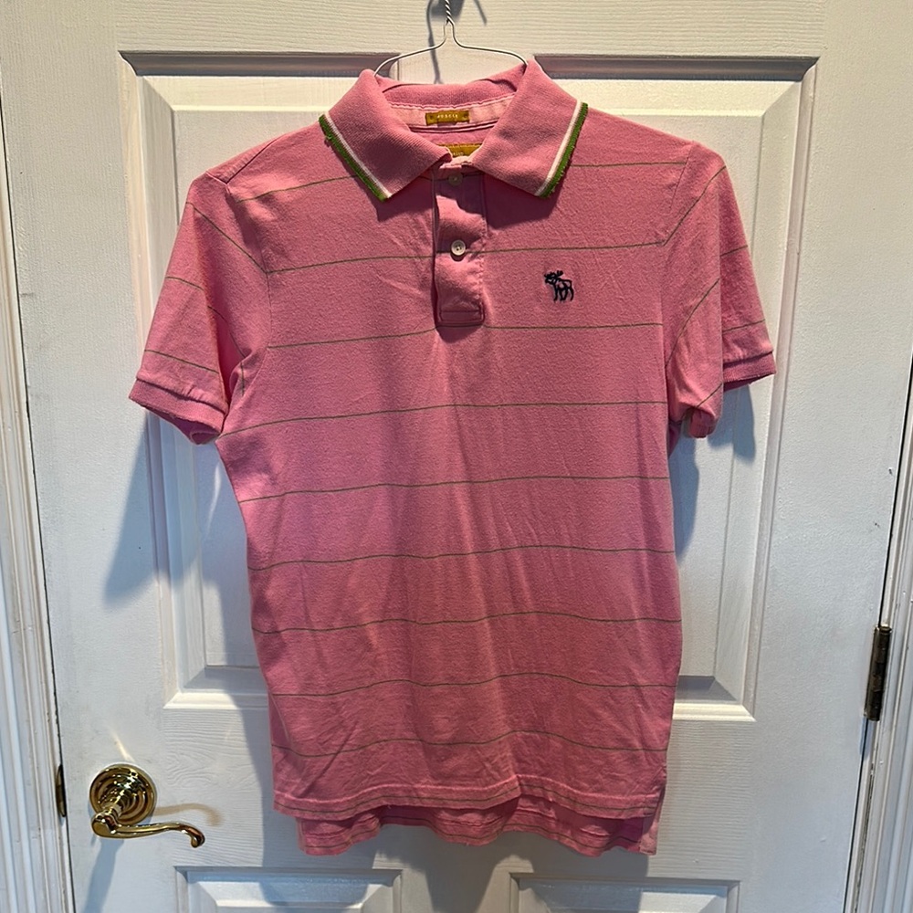 Abercrombie & Fitch Pink Polo muscle Shirt with horizontal green stripe